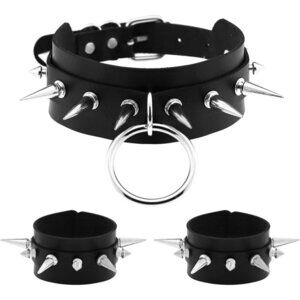 Edgy Punk Faux Leather Spiked Choker Bracelets Set Adjustable Gothic Gift for Wo